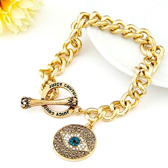 Juicy Couture Jewelry - Juicy Couture Gold Chain Crystal Evil Eye Pendant Bracelet NWOT